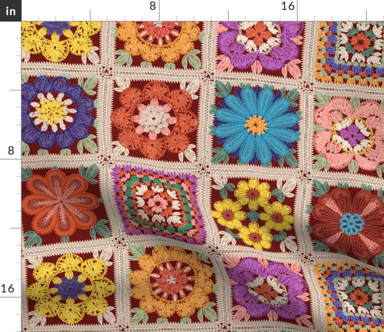 Granny Square Garden Flowers Crochet Nostalgic Vintage Custom Printed Fabric by Spoonflower Various Fabrics by the Yard or Fat Quarter